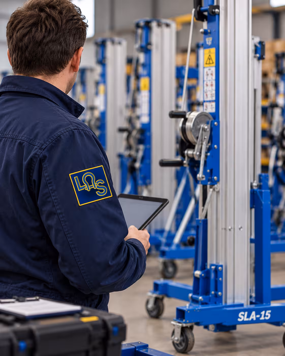 Lifting Safety technician servicing the winch on a material lift