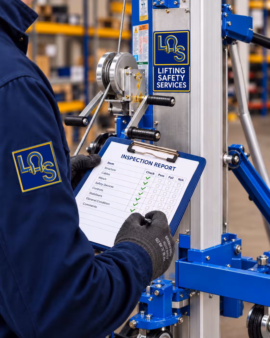 Technician inspecting a material lift and completing an inspection report